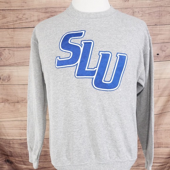 SLU ST LOUIS UNIVERSITY LOGO BILLIKENS SEWN ON GREY CREW NECK SWEATSHIRT M - Picture 2 of 5